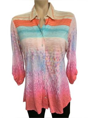 Tango Mango Women’s Gradient Button-Down Shirt in Coral, Aqua & Pink Size M